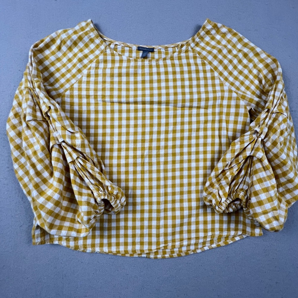 Charlotte Russe Gingham Blouse Womens XS Yellow Balloon Sleeve Plaid Cottagecore